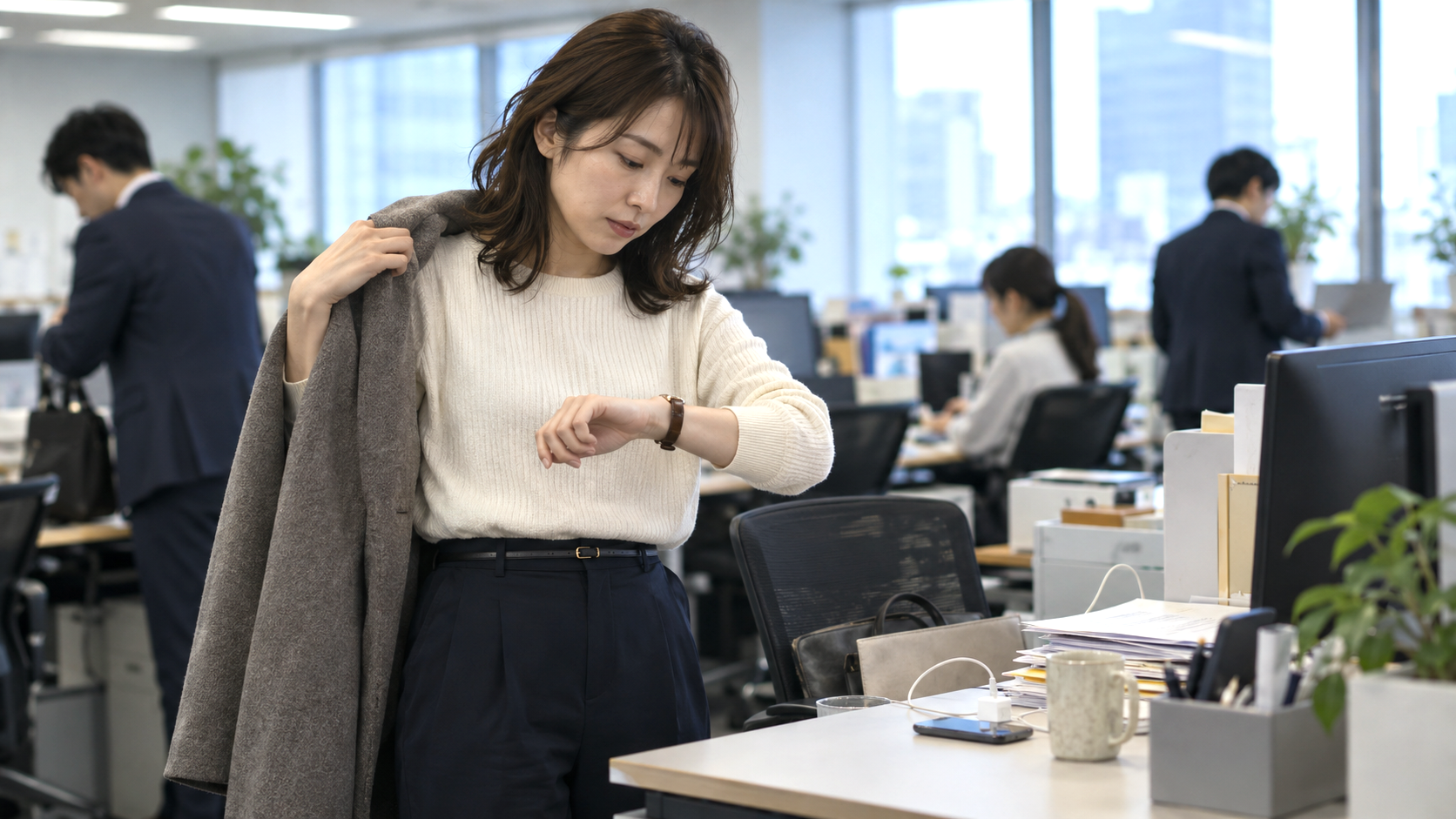 始業前のオフィスで腕時計を確認する女性社員